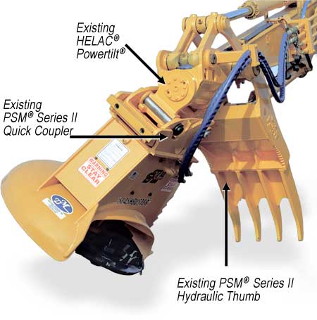 "SLASHBUSTER"® Model XL 480 brushcutterwith integrated Helac® Powertilt®, PSM® quick coupler & PSM® hydraulic thumb.